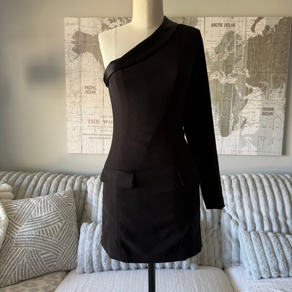 Zara Black One Shoulder Blazer Mini Dress Satin Trim Tuxedo Style Size Small